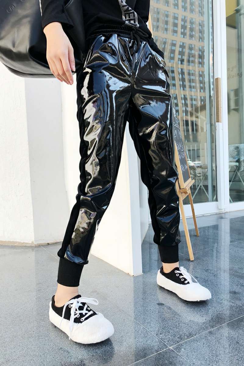 Elastic Waist Bright Leather Velvet Track Pants